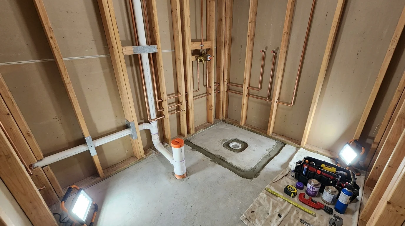 Bathroom rough-in plumbing during remodel by Johns Plumbing LLC in Belington