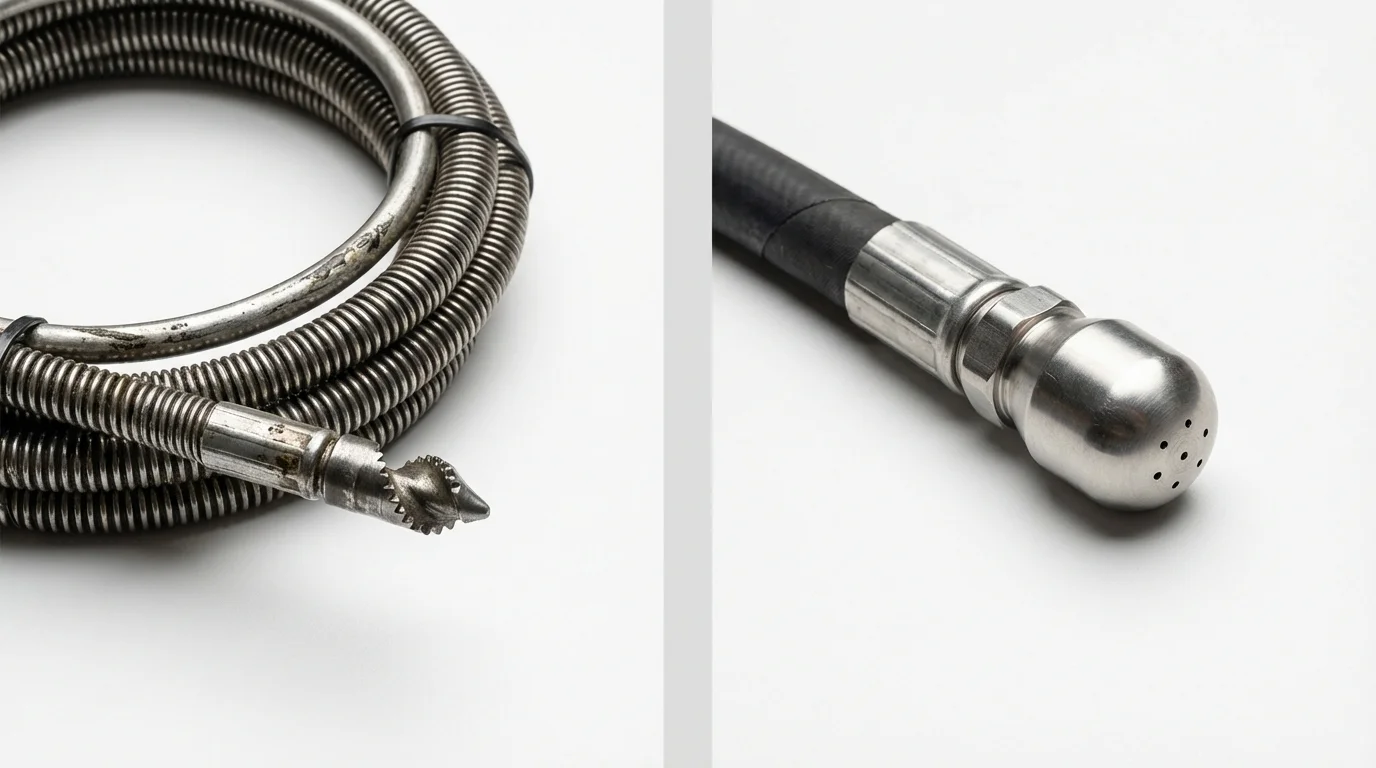 Drain snake cable and hydro jetting nozzle used for drain cleaning in Belington, WV
