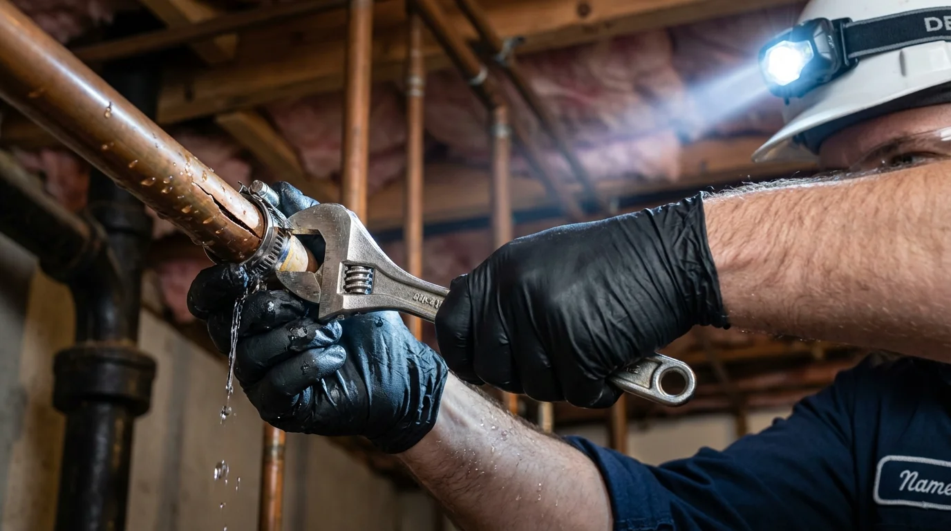 Emergency pipe clamp repair being performed by a Johns Plumbing LLC plumber in Belington