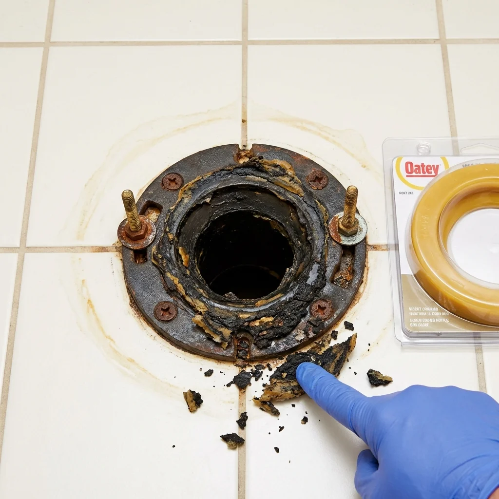 Failed wax ring showing water seepage at the base of a toilet in a Belington, WV home