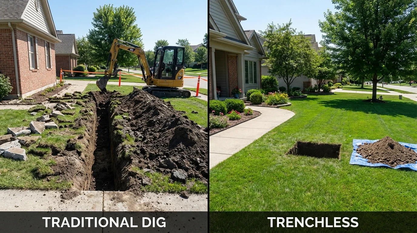 Trenchless sewer repair with minimal yard damage versus traditional excavation in Belington, WV
