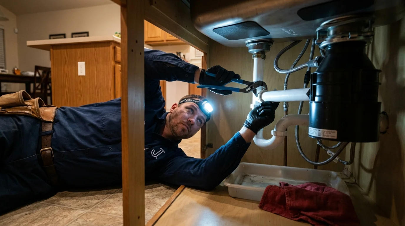 P-trap and supply line connections under a kitchen sink showing a common leak point in Belington, WV